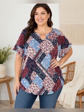 Ava James 2X Patchwork Floral Boho Tunic Top Keyhole Neck Plus Size Cottagecore